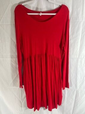 Relaxed Red Long-Sleeve Gathered Waist Dress